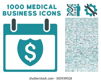 Soft Blue Financial Shield Calendar Day vector icon with 1000 medical business pictograms. Set style is flat bicolor symbols, soft blue colors, white background.