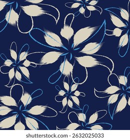 Soft blue floral flowers textile sketch tropical bicolor flowers and leaves hand drawing art style, the flowers geometric textile for sheet. Seamless hand drawing pattern vector.