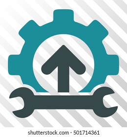 Soft Blue Gear Integration Tools toolbar pictogram. Vector pictogram style is a flat bicolor symbol on diagonal hatch transparent background.