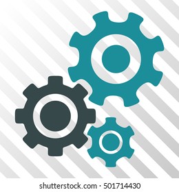 Soft Blue Gear Mechanism interface toolbar pictogram. Vector pictogram style is a flat bicolor symbol on diagonal hatch transparent background.