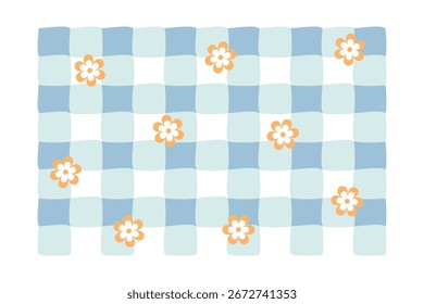 Weicher blauer Gingham mit verstreuten Orange und weißem Blumen