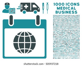 Soft Blue Globe Calendar Page vector icon with 1000 medical business pictograms. Set style is flat bicolor symbols, soft blue colors, white background.