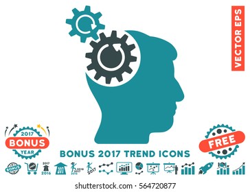 Soft Blue Head Cogs Rotation icon with bonus 2017 trend clip art. Vector illustration style is flat iconic bicolor symbols, white background.
