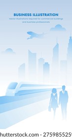 Soft blue hues define modern urban landscape. Business travelers walk toward distant city skyline. High-speed train glides along sleek platform tracks. Airplane soars above skyscrapers