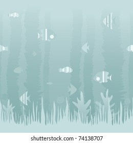 A soft blue illustration featuring assorted ocean fish and underwater plants. Seamlessly repeatable.