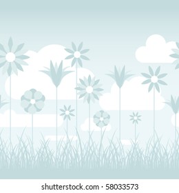 A soft blue illustration featuring flowers on stems in a grassy field. Seamlessly repeatable.