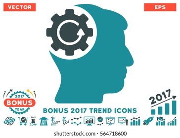 Soft Blue Intellect Gear Rotation icon with bonus 2017 trend icon set. Vector illustration style is flat iconic bicolor symbols, white background.