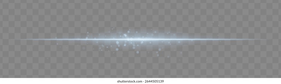 Feixe de luz azul suave com partículas de faísca brilhantes sobre fundo transparente. Clarão horizontal delicada ideal para efeitos de fantasia, transições mágicas ou sobreposições de luz elegantes.