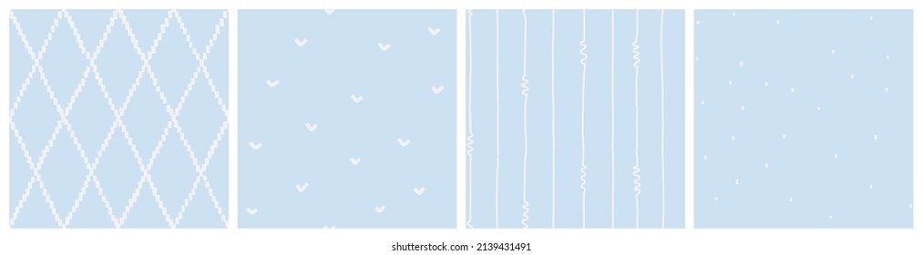 Soft Blue Low Contrast Background Set. Seamless Pattern Collection For Table Linens, Bedding Textile, Baby Nursery Wallpaper. Neutral Hand Drawn Stripe, Dot, Diamond Rhombus Designs.