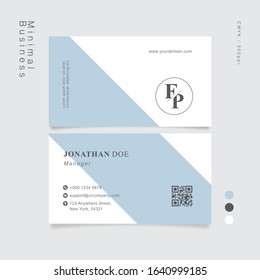 Soft Blue Minimal White Business Card. QR Simulation. Vector Illustration EPS10.