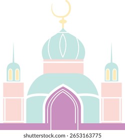 Soft blue mosque illustration with crescent moon and minarets, perfect for Islamic religious celebrations such as Eid and Ramadan.