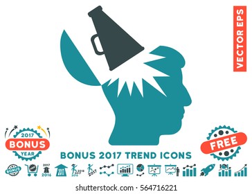 Soft Blue Open Brain Megaphone icon with bonus 2017 trend pictures. Vector illustration style is flat iconic bicolor symbols, white background.