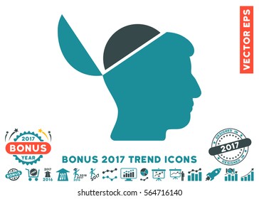 Soft Blue Open Brain pictogram with bonus 2017 trend pictograph collection. Vector illustration style is flat iconic bicolor symbols, white background.