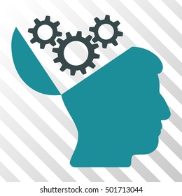 Soft Blue Open Mind Gears toolbar pictogram. Vector pictogram style is a flat bicolor symbol on diagonal hatch transparent background.