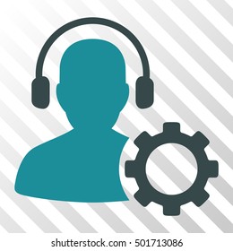 Soft Blue Operator Configuration Gear interface toolbar icon. Vector pictograph style is a flat bicolor symbol on diagonal hatch transparent background.
