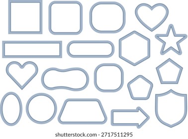 Soft blue outline shapes and simple decorative icons set. Clean geometric borders with hearts, stars, arrows and badges in minimal style. Versatile elements for UI, labels and modern graphic design