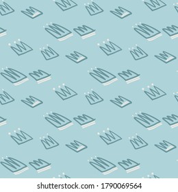 Soft blue palette seamless pattern with outline contoured crowns. Naive doodle artwork. Designed for wallpaper, textile, wrapping paper, fabric print. Vector illustration.