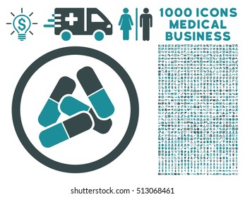 Soft Blue Pills vector bicolor rounded icon. Image style is a flat icon symbol inside a circle, white background. Bonus clip art contains 1000 healthcare business elements.