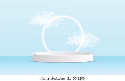 soft blue podium with clouds and lights