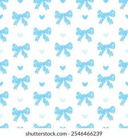 Soft blue polka dots bow. Coquette Seamless pattern decorative bow-knot ribbon and hearts on white background. Trendy aesthetic textured elegant accessories backdrop. Vector illustration