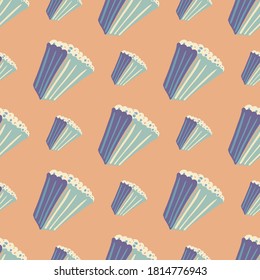 Soft blue popcorn ornament seamless doodle pattern. Light beige background. Simple cinema backdrop. Decorative backdrop for wallpaper, textile, wrapping paper, fabric print. Vector illustration.