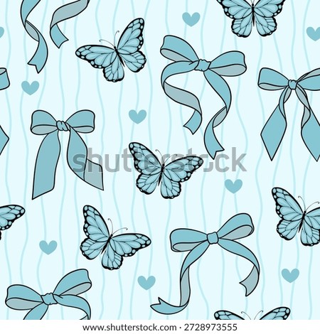 Soft blue seamless pattern with delicate butterflies ribbon bows and hearts on gentle wavy background