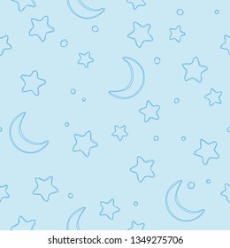 Soft blue seamless stars and moon pattern.Background for gift wrapping paper, fabric, clothes, textile, surface textures, scrapbook. 