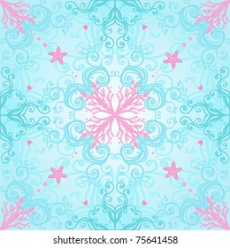 Soft blue seamless vector pattern with pink coral