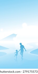 Soft blue sky above gentle hills. Silhouettes of father and child walk hand in hand. Reflections shimmer on smooth, misty ground. Peaceful, quiet moment shared between two. Ideal for family, nature