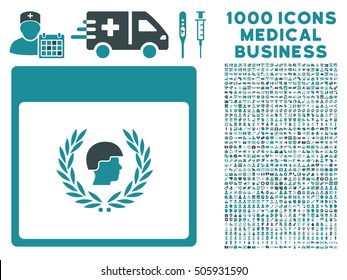 Soft Blue Soldier Laurel Wreath Calendar Page vector icon with 1000 medical business pictograms. Set style is flat bicolor symbols, soft blue colors, white background.
