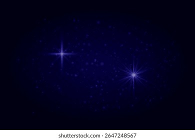 Soft blue sparkles and glowing star flares with particles. Light effects on transparent dark background for festive scenes.