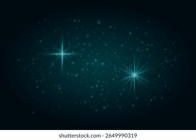 Soft blue sparkles and glowing star flares with particles. Light effects on transparent dark background for festive scenes.