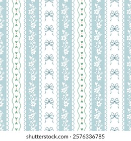 Soft blue striped grandmillennial seamless pattern. Retro gentle cottagecore floral vertical stripes, coquette bows. Preppy wallpaper, background, textile design, vector print, hand drawn illustration