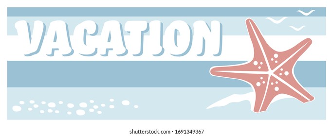 A soft blue striped tropical beach vacation starfish banner, vector illustration 