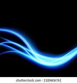 Soft blue swoosh light waves magical pattern over black background. Internet bandwidth - transparent lines. Magic speed light smoke soft mild gradient streak. Vector illustration