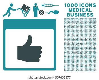 Soft Blue Thumb Up Calendar Page vector icon with 1000 medical business pictograms. Set style is flat bicolor symbols, soft blue colors, white background.