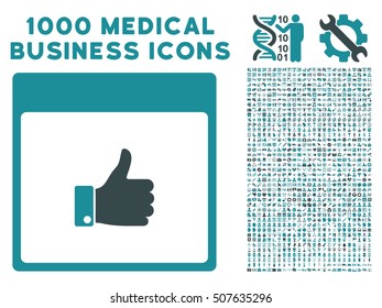 Soft Blue Thumb Up Hand Calendar Page vector icon with 1000 medical business pictograms. Set style is flat bicolor symbols, soft blue colors, white background.