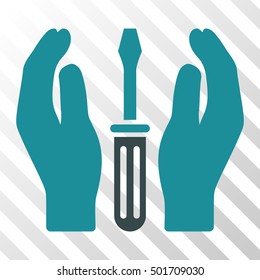 Soft Blue Tuning Screwdriver Care Hands interface toolbar icon. Vector pictograph style is a flat bicolor symbol on diagonal hatch transparent background.