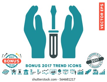 Soft Blue Tuning Screwdriver Care Hands icon with bonus 2017 year trend clip art. Vector illustration style is flat iconic bicolor symbols, white background.