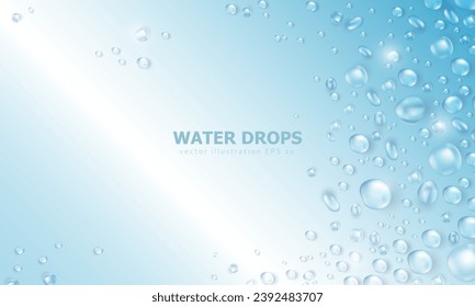 Papel azul suave con gotas de agua 3d puras realistas o condensación en la superficie. Banner de pantalla ancha con gotitas de lluvia o diseño de rocío como marco. Banner fresco Aqua con colágeno o textura de agua