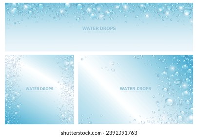 Soft blue wallpapers with realistic 3d pure water drops or condensation on surface. Set of banners with rain droplets or dew pattern as frame. Aqua fresh backgrounds with collagen or water texture