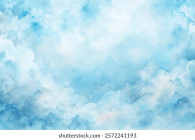 Soft blue watercolor background, dreamy cloud patterns, serene atmosphere, perfect for designs, calming visuals.