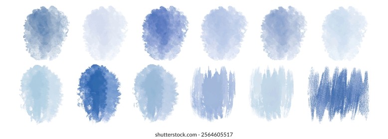 Soft blue watercolor swatches, artistic brush strokes, textured backgrounds, versatile design elements, creative color palette.