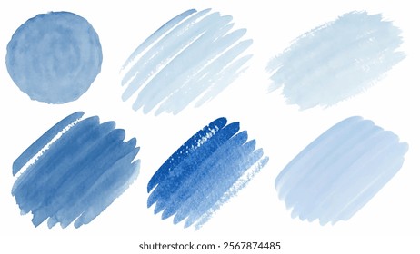 Soft blue watercolor swatches, artistic brush strokes, light and dark shades, creative design elements.