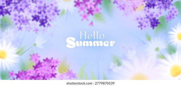 Soft blurry Summer background with lilac and chamomile, blue sky, green foliage, purple and white flowers, abstract floral vector pattern, meadow garden, nature, plant