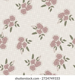 Flor suave rubor clusters em um fundo de rede de creme quente em tons terrosos silenciados, ideal para papel de parede, roupa de cama, estofamento, tecido e envoltório de presente.