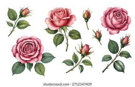 Weiche, rötliche Rosen mit Blättern im botanischen Aquarellstil. Aquarell Rose Blume Vektor Isolator Hintergrund 