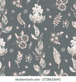 O blush suave e os botânicos sábios rastreiam através de um fundo de carvão profundo, criando uma sensação de jardim de casa vintage sonhadora. Ideal para tecido, papel de parede, roupa de cama e decoração caseira acolhedora.