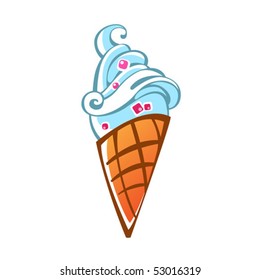 Soft Blut Ice Cream With Red Bon-bons In Waffle Cone. Vector File.