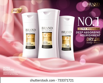 Soft body wash ads, luxury scene with pink satin and glittering elements in 3d illustration